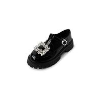 Zapatos de Mujer de Cuero Negro Cristal Cuadrado Tacones Medios Bombas T Zapatos de Correa Mujeres Oficina señora Citas Diario Primavera