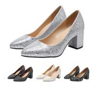 Zapatos de mujer elegantes con purpurina, tacón de bloque de encaje, zapatos de noche, Plateado1, 42 EU