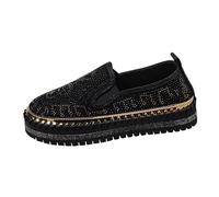 Zapatos de mujer Mocasines con suela de plataforma Slip on à Enfiler Empeine Rhinestone Brillantes Inserciones Elásticas Punta Redonda Suela Crantada Estilo Casual para Salida Ciudad Diario, 01 negro