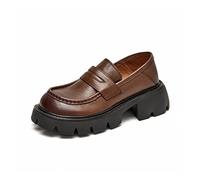 Zapatos de Mujer, Mocasines de Plataforma, Zapatos Penny de Cuero de Vaca, Punta Redonda, tacón Escalonado, Zapatos Planos Informales para Mujer Hechos a Mano