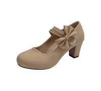 Zapatos de mujer redondos punta de tacón 6 cm pajarita cuero plantillas zapatos confort - zapatos mujer confort gran tamaño estilo británico princesa primavera otoño, caqui, 38 EU
