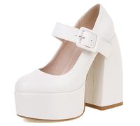 Zapatos de Noche para Mujer con Tacón de Bloque y Hebilla, Plataforma Mary Jane Tacones Formales para Boda & Eventos, Forro Suave (Tallas Grandes),Blanca,41 EU