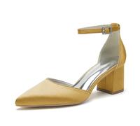 Zapatos De Novia con Tacón Bajo Y Grueso para Mujer Punta Puntiaguda Y Tobillo Zapatos De Fiesta De Bodas,Oro,41 EU