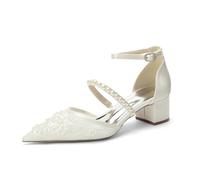 Zapatos De Novia De Satén para Mujer con Tacón Bloque, Tacón Bajo Grueso, Sandalia Cerrada con Punta, Zapatos para Fiesta Y Vestido De Boda,Marfil,43 EU