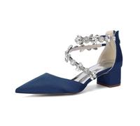 Zapatos de Novia de tacón Bloque de Raso Blanco para Mujer, Punta Puntiaguda con Doble Cristal de Diamante de imitación,G,38