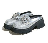 Zapatos de Oficina Profesionales Mules de Tejido con Brillantes Mocasines de Tacón Medio Grueso para Negocios y Trabajo Transpirables,Plata,36 EU