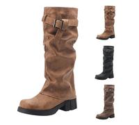 Zapatos de piel de ante para mujer, botines holgados - Botas de media pantorrilla con hebilla para mujer - Botas de motociclista para mujer - Zapatos con hebilla de cinturón, botas de media rodilla