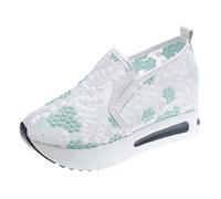 Zapatos de plataforma de malla de encaje para mujer, transpirables, bordados florales con suela de cuña, tenis casuales ligeros para mujer, calzado cómodo para caminar, Green, 38 EU