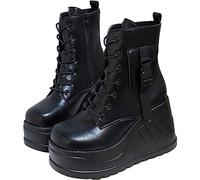 Zapatos De Plataforma De Tacón Alto para Mujer, Botas De Tacón De Cuña De Plataforma Gótica De 8 Cm, Botines Punk Cremallera Lateral Botas De Combate De Moto Negras,Negro,37