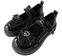 Zapatos de plataforma Mary Jane con suela gruesa estilo gótico kawaii harajuku lolita punta redonda tacones gruesos hebilla de corazón encaje negro en los laterales (Negro,39)
