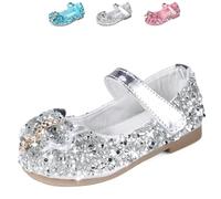 Zapatos de princesa Mary Jane con purpurina para niñas, sandalias planas con lentejuelas para fiesta, boda, cumpleaños, cosplay, zapatos para niños de 2 a 7 años, Plata con lazo, 24 EU
