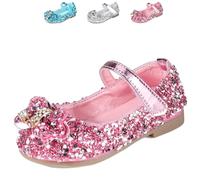 Zapatos de princesa Mary Jane con purpurina para niñas, sandalias planas con lentejuelas para fiesta, boda, cumpleaños, cosplay, zapatos para niños de 2 a 7 años, Rosa con lazo, 28.5 EU