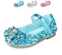 Zapatos de princesa Mary Jane con purpurina para niñas, sandalias planas con lentejuelas para fiesta, boda, cumpleaños, cosplay, zapatos para niños de 2 a 7 años, Azul con lazo, 25 EU