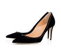 Zapatos de Tacón Alto con Punta Cerrada y Elegantes para Mujer, Moda con Tacón Fino y Punta Puntiaguda para Vestido Noche Cómodos Sin Cordones para Oficina Fiestas y Banquetes,Black Rivets,43 EU