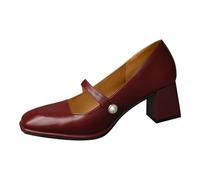 Zapatos de tacón alto con punta gruesa de moda con punta cuadrada y pecho de perlas para mujer, tacones altos para mujer, plataforma-01, rojo, 40 EU