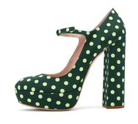 Zapatos de Tacón Alto Grueso con Punta Redonda para Mujer, con Plataforma Cerrada y Tiras en EI Tobillo para Vestido Graduación Elegantes Mary Janes Novia con Tacón Bloque,Green Polka Dots,41 EU