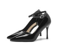 Zapatos de tacón Alto para Mujer Estilo francés Charol Elegantes con Correa al Tobillo Zapatos de Boda para Banquete Punta Cerrada clásicos de Fiesta para graduación Negro 36