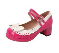 Zapatos de tacón alto para mujer estilo lolita Mary Jane con lazo de charol brillante, plataforma de tacón grueso con hebilla de corazón, correa ajustable en el tobillo, rosa, 43 EU
