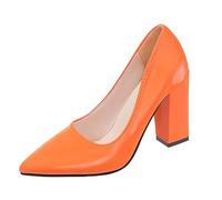 Zapatos de tacón alto para mujer, puntera cerrada, punta puntiaguda, tacón de bloque, charol brillante, calzado de vestir para oficina, noche, fiesta, Orange, 37.5 EU