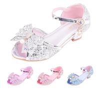 Zapatos de tacón alto rosa para niñas, con lazo y purpurina y punta abierta, zapatos de ballet con lentejuelas brillantes, para boda, cumpleaños, graduación, adolescente, vestido de fiesta de cristal