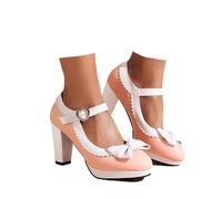 Zapatos de tacón alto y grueso Mary Jane para mujer, con lazo y ribete de encaje, estilo retro, correa de tobillo bávara, de apoyo, comodidad para el Oktoberfest, Pink, 39.5 EU