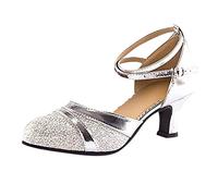Zapatos de tacón bajo para mujer, de verano, sencillos, elegantes, elegantes, a la moda, cerrados, delanteros, clásicos, zapatos Mary Jane para mujer, zapatos de tacón para boda, plateado, 41 EU