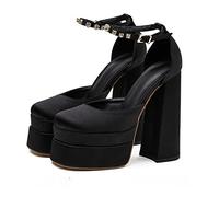 Zapatos de tacón con Plataforma para Mujer, tacón en Bloque, Punta Cuadrada, Correa en el Tobillo, Zapatos con Hebilla, Vestido de Moda, Fiesta, Vestido de Novia, Zapatos de satén,Negro,37 EU