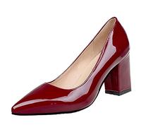 Zapatos de tacón Cuadrados de 7,5 cm para Mujer, Zapatos de tacón de Charol, Zapatos clásicos con Punta en Pico, Zapatos de tacón para Fiesta de Talla Grande,Wine Red,37 EU