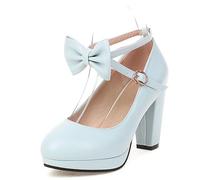 EXECAB Zapatos de tacón Grueso con Plataforma para Mujer, Zapatos con Lazo, Punta Redonda, a la Moda, con Correa en el Tobillo, Zapatos de tacón cómodos,Azul,48