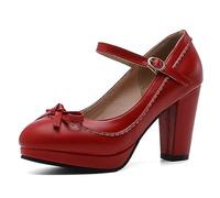 EXECAB Zapatos de tacón Grueso con Plataforma para Mujer, Zapatos con Lazo, Punta Redonda, a la Moda, con Correa en el Tobillo, Zapatos de tacón cómodos,Rojo,35 EU