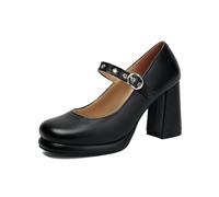 Zapatos de tacón grueso vintage Mary Jane para mujer, estilo francés, puntera cuadrada, correa de tobillo ajustable, Black, 43 EU
