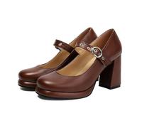 Zapatos de tacón grueso vintage Mary Jane para mujer, estilo francés, puntera cuadrada, correa de tobillo ajustable, Brown, 43 EU