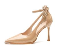 Zapatos de Tacón Mujer Punta de Metal Cuero de Charol 5/7CM Tacones de Aguja con Protección contra Golpes Punta Afilada Tira de Tobillo Zapatos de Corte con Tacón,Nude 7cm,34 EU
