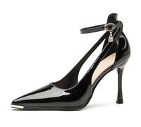 Zapatos de Tacón Mujer Punta de Metal Cuero de Charol 5/7CM Tacones de Aguja con Protección contra Golpes Punta Afilada Tira de Tobillo Zapatos de Corte con Tacón,Black 7cm,41 EU