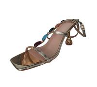 Zapatos de tacón para mujer con piedras preciosas, elegantes, cabeza cuadrada, tacones altos, tiras, elegantes zapatos de punta abierta, para fiestas, bailes de graduación, dorado, 39 EU