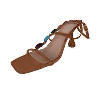Zapatos de tacón para mujer con piedras preciosas, elegantes, cabeza cuadrada, tacones altos, tiras, elegantes zapatos de punta abierta, para fiestas, bailes de graduación, marrón, 35.5 EU