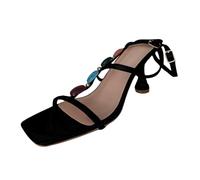 Zapatos de tacón para mujer con piedras preciosas, elegantes, cabeza cuadrada, tacones altos, tiras, elegantes zapatos de punta abierta, para fiestas, bailes de graduación, Negro , 35.5 EU