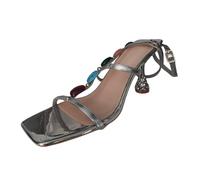 Zapatos de tacón para mujer con piedras preciosas, elegantes, cabeza cuadrada, tacones altos, tiras, elegantes zapatos de punta abierta, para fiestas, bailes de graduación, plata, 39 EU