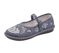 Zapatos de tela para mujer, zapatos de bordado chino, zapatos de cáñamo, cabeza redonda, hebilla de una palabra, zapatos planos vintage Mary Jane Flats, zapatos de baile para caminar, gris, 39 EU
