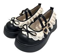 Zapatos de trabajo góticos de punta redonda con tacones gruesos para mujer estilo kawaii con lazo y borde de encaje blanco con plataforma Mary Jane negra (Negro,35)