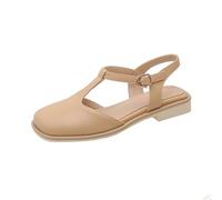 Zapatos De Vestir con Tira En T para Mujer con Hebilla Punta Cuadrada Cuero PU Sandalias Al Aire Libre Tacón Bajo Destalonadas Sandalias De Verano,Apricot,37.5 EU