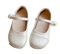 Zapatos de vestir para niñas, zapatos planos de ballet Mary Jane con correa de tobillo de perla, antideslizantes, para bodas, fiestas, princesas, cumpleaños, beige, 13 UK 3X-Narrow