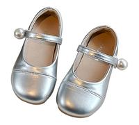 Zapatos de vestir para niñas, zapatos planos de ballet Mary Jane con correa de tobillo de perla, antideslizantes, para bodas, fiestas, princesas, cumpleaños, Silver, 12 UK 3X-Narrow