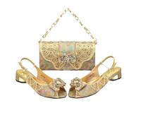 Zapatos elegantes de tacón de satén con diamantes de imitación azul cielo para mujer y bolsa de mano con cristales, Gold, 41.5 EU