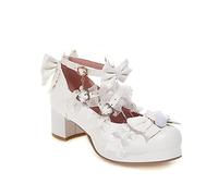 Zapatos Kawaii para Mujer, Zapatos Mary Jane de tacón de Bloque Medio, Zapatos Gruesos de tacón Alto con Plataforma y Lazo (Color : White, Size : 38 EU)