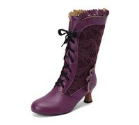 Zapatos Lampo europeos y americanos con botines de otoño e invierno Lolita con lazo de encaje, con hojas, tacón medio y pierna media, botas de invierno de piel, violeta, 38 EU