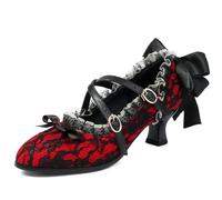 Zapatos Mary Jane con lazo de encaje kawaii para mujer y niña estilo gótico vintage Harajuku punta puntiaguda tacones altos con tiras cruzadas para cosplay y fiesta (Rojo,35)