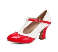 Zapatos Mary Jane de punta redonda con correa en T para mujer, zapatos de tacón de bloque de dos tonos para retro, cosplay y fiesta, Red, 36 EU