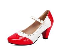 Zapatos Mary Jane de punta redonda para mujer, zapatos de tacón de bloque de dos tonos para retro, cosplay y uso diario, Red, 36 EU
