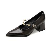 Zapatos Mary Jane Estilo Francés Punta Afilada Tacón Bloque Correa Hebilla Dorada Tacones Vestir para Trabajo Casual Uso Diario,Marrón,36 EU